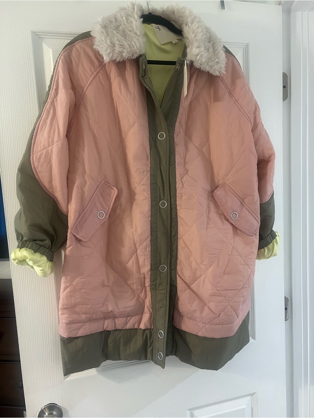Quilted Pink and Olive Faux-Fur Collar Jacket